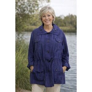 Chicos Silk Jacket Women 12 Navy Blue Anorak Coastal Travel Chic Minimalist Luxe